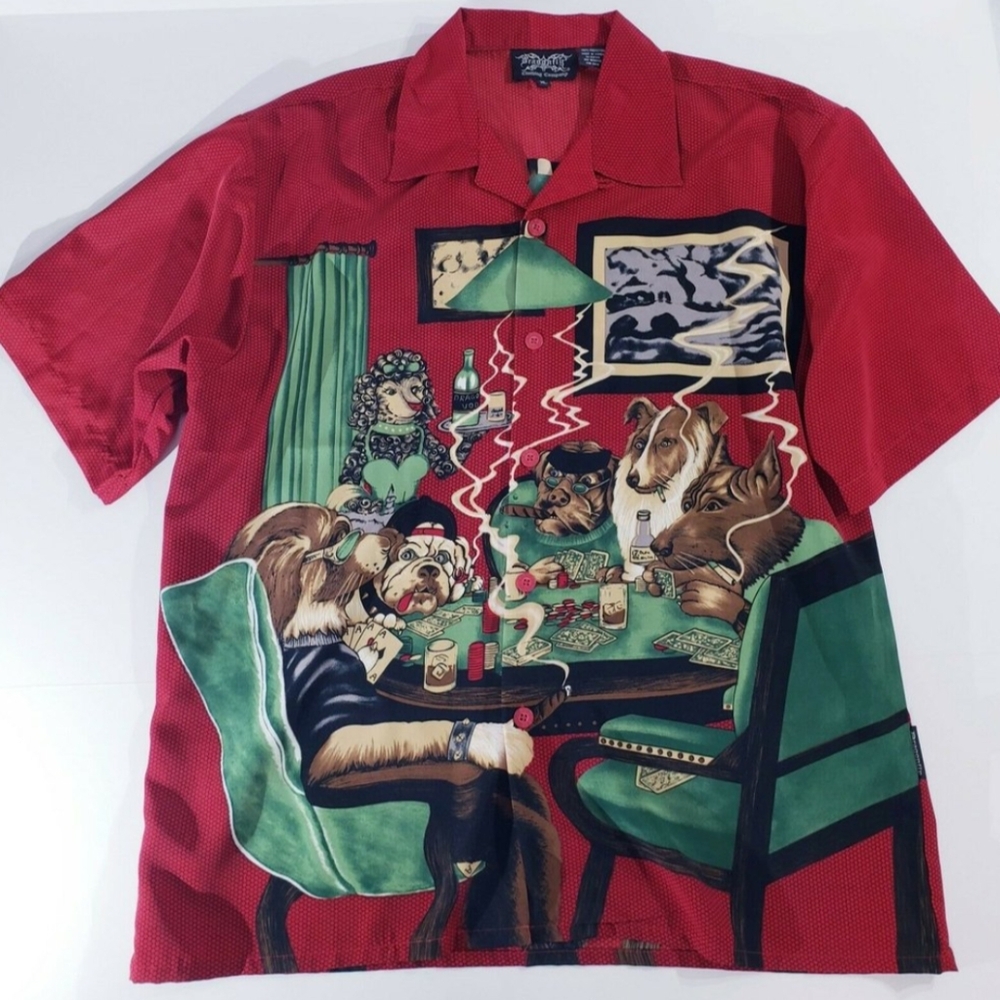 Dragonfly Clothing Company Mens Sz XL Billiard Poker Dogs All Over Print Shirt